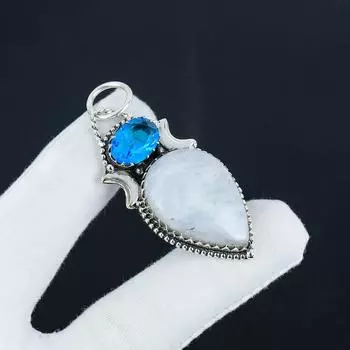 Серебряный кулон с натуральным радужным лунным камнем, голубым топазом, серебро 925 пробы — дизайн ручной работы, повседневная одежда, подарок на день рождения для жены 2.35 белый