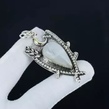 Серебряный кулон с натуральным радужным лунным камнем из стерлингового серебра 925 пробы — дизайн ручной работы, повседневные украшения, уникальный кулон, подарок на День благодарения 2.55 белый