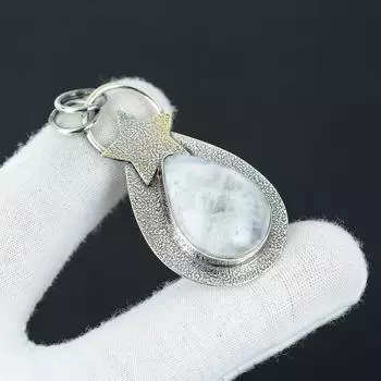 Серебряный кулон с натуральным радужным лунным камнем из стерлингового серебра 925 пробы — дизайн в виде звезды ручной работы, повседневные украшения, уникальный кулон в подарок на годовщину 2.55 белый