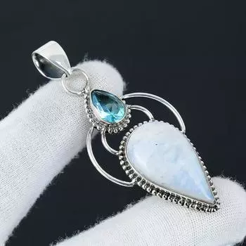 Серебряный кулон с натуральным радужным лунным камнем из серебра 925 пробы — дизайн ручной работы, повседневные украшения, уникальный кулон с голубым топазом 2.55 белый