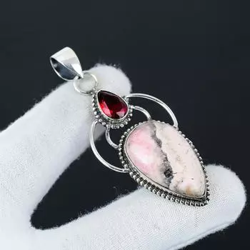 Серебряный кулон с натуральным родохрозитом из стерлингового серебра 925 пробы — дизайн ручной работы, повседневные украшения, уникальный подарок с красным гранатом 2.55 розовый