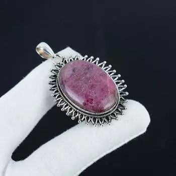 Серебряный кулон с натуральным родонитом из стерлингового серебра 925 пробы — овальный дизайн ручной работы, повседневная бижутерия, подарок на День благодарения 2.16 красный