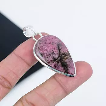 Серебряный кулон с натуральным родонитом из стерлингового серебра 925 пробы - дизайн груши ручной работы, повседневная одежда, праздничный наряд, подарок 2.16 розовый