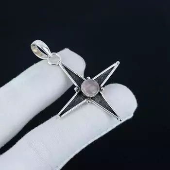 Серебряный кулон с натуральным розовым кварцем и драгоценным камнем из стерлингового серебра 925 пробы — дизайн ручной работы в виде звезды, повседневные украшения, уникальные дизайнерские подарочные подвески 1.57 розовый