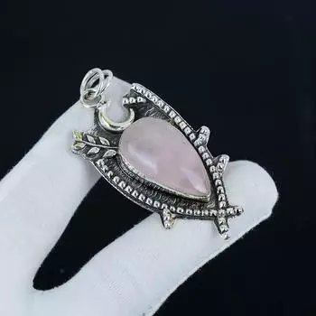 Серебряный кулон с натуральным розовым кварцем и драгоценным камнем из стерлингового серебра 925 пробы — дизайн ручной работы, повседневные украшения, уникальный кулон в подарок на вечеринку 2.55 розовый