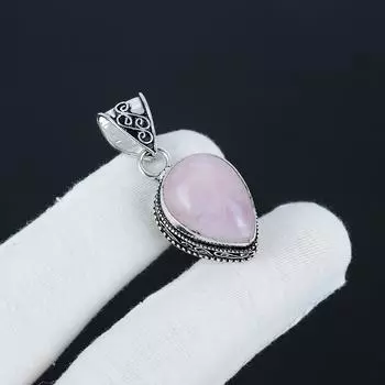 Серебряный кулон с натуральным розовым кварцем из стерлингового серебра 925 пробы - дизайн груши ручной работы, повседневная одежда, праздничный наряд, подарок 1.77 розовый