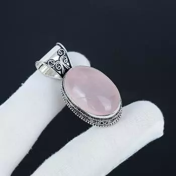 Серебряный кулон с натуральным розовым кварцем из стерлингового серебра 925 пробы — овальный дизайн ручной работы, повседневное украшение, подарок на помолвку 1.96 розовый