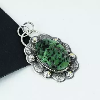 Серебряный кулон с натуральным рубином и драгоценным камнем цоизитом из стерлингового серебра 925 пробы — дизайн ручной работы, повседневные украшения, уникальные подарки-кулоны 2.55 зелёный