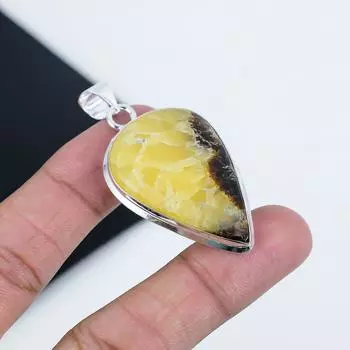 Серебряный кулон с натуральным септарианским драгоценным камнем из стерлингового серебра 925 пробы — дизайн груши ручной работы, повседневная одежда, подарок на День отца 2.16 жёлтый