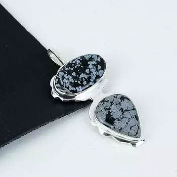 Серебряный кулон с натуральным снежинковидным обсидианом из стерлингового серебра 925 пробы — дизайн ручной работы, повседневные украшения, уникальные подарочные подвески 2.75 серый