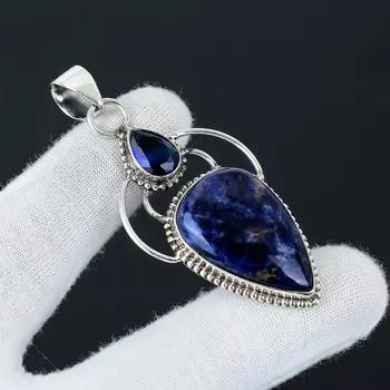Серебряный кулон с натуральным содалитом из стерлингового серебра 925 пробы — дизайн ручной работы, повседневные украшения, уникальный кулон с синим сапфиром в подарок 2.55 синий