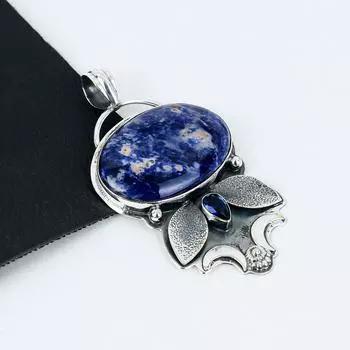 Серебряный кулон с натуральным содолитом, синим сапфиром и драгоценным камнем из стерлингового серебра 925 пробы — дизайн ручной работы, повседневные украшения, уникальный кулон в подарок на Пасху 2.55 синий