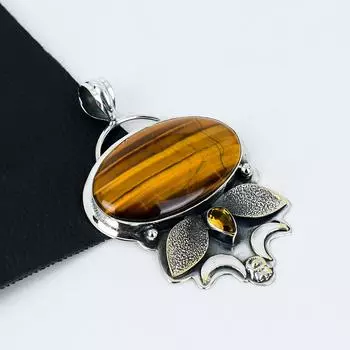 Серебряный кулон с натуральным тигровым глазом и цитрином из стерлингового серебра 925 пробы — дизайн ручной работы, повседневные украшения, уникальный кулон для праздничного наряда в подарок 2.55 коричневый