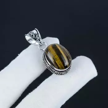 Серебряный кулон с натуральным тигровым глазом из стерлингового серебра 925 пробы — овальный дизайн ручной работы, повседневная одежда, праздничный наряд, подарок 1.95 коричневый