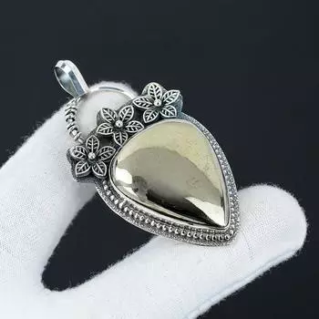 Серебряный кулон с натуральным золотым пиритом апачи из стерлингового серебра 925 пробы — цветочный дизайн ручной работы, повседневные украшения, уникальный кулон в подарок на Пасху 2.55 синий