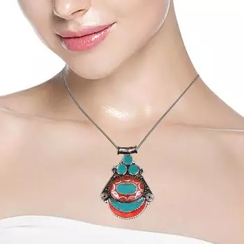 Серебряный кулон с непальским красным кораллом и тибетским бирюзовым драгоценным камнем 2,5