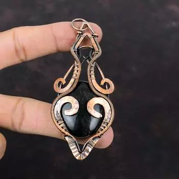 Серебряный кулон с обсидианом, медная проволока, обернутая драгоценными камнями, медный кулон ручной работы, серебряный кулон с обсидианом, ювелирные изделия, подарок на помолвку