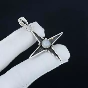 Серебряный кулон с радужным лунным камнем из стерлингового серебра 925 пробы — дизайн звезды ручной работы, повседневные украшения, уникальные дизайнерские подарочные подвески 1.57 белый