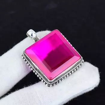 Серебряный кулон с розовым кунцитом из стерлингового серебра 925 пробы — квадратный дизайн ручной работы, идеально подходит для подарков, ювелирных изделий на День святого Валентина 6 Cm розовый