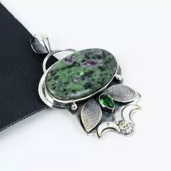 Серебряный кулон с рубиновым цоизитом, зеленым турмалином и драгоценными камнями из стерлингового серебра 925 пробы — дизайн ручной работы, повседневные украшения, уникальные подарки-кулоны 2.55 зелёный