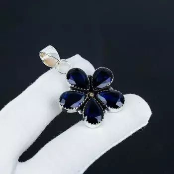 Серебряный кулон с синим сапфиром из стерлингового серебра 925 пробы - дизайн в виде цветка ручной работы, повседневная одежда, подарок на день рождения для любимого человека 1.95 синий