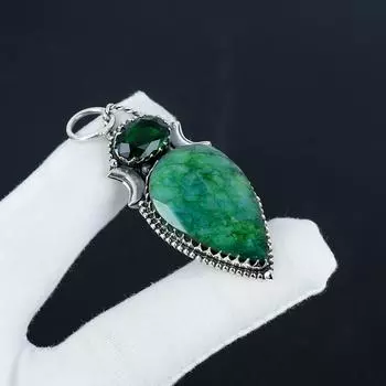 Серебряный кулон с зеленым турмалином и изумрудом из стерлингового серебра 925 пробы — дизайн ручной работы, повседневная одежда, подарок на день рождения 2.35 зелёный
