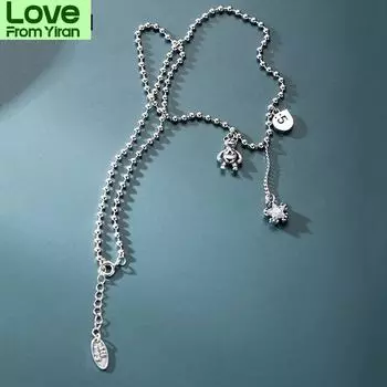 Серебряный кулон в виде медведя и звезды из циркона из тайского серебра 925 пробы с длинной цепочкой и кисточкой для женщин, ювелирные изделия, подарки S-N648 40cm add 5.5cm