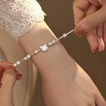 Серебряный лоскутный браслет с пресноводным жемчугом инопланетянина, браслет с милым котом и бабочкой, темпераментный браслет лучшего друга 16cm