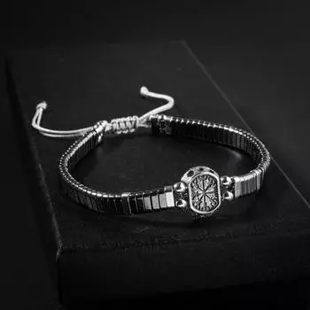 Серебряный мужской дизайнерский браслет из гематита с натуральным камнем