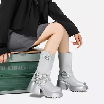 Серебряный панк Новые зимние сапоги с круглым носком на толстом высоком каблуке с молнией Модные сапоги до середины голени на платформе с пряжкой 35 серебряный