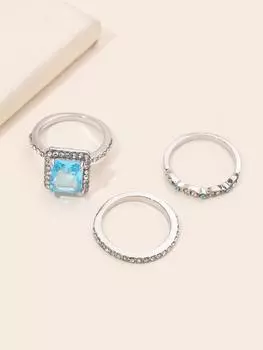 Серебряный простой набор женских повседневных колец из трех частей с синим цирконом.