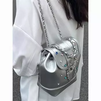 Серебряный рюкзак с бриллиантами, женская летняя сумка 2024 года, новый модный студенческий рюкзак, маленькая ароматная сумка-ведро с цепочкой серебряный