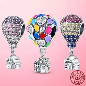 Серебряный Шарм Стерлингового Серебра 925 Эмаль Воздушный Шар Дом Висячие Подвески Бусины подходят Модный Кулон Браслет Ожерелье Оригинальные Ювелирные Изделия