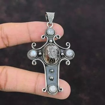 Серебряный титановый кулон «Друзы» Кулон-крест Подвеска из стерлингового серебра 925 пробы Радужный кулон с лунным камнем Подарок на годовщину Ювелирные изделия из драгоценных камней ручной работы
