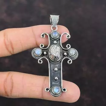 Серебряный титановый кулон с друзами и драгоценными камнями. Дизайнерский кулон-крест. Подвеска из стерлингового серебра 925 пробы. Подвеска ручной работы с радужным лунным камнем. Подарок для матери.