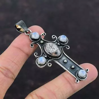 Серебряный титановый кулон с друзами, кулон с драгоценным камнем, кулон-крест, кулон из стерлингового серебра 925 пробы, кулон с лунным камнем, подарок для женщин, ювелирные изделия ручной работы