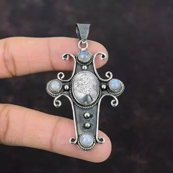 Серебряный титановый кулон с друзами, кулон с драгоценным камнем, подвеска из стерлингового серебра 925 пробы, крест, кулон ручной работы, ювелирные изделия из радужного лунного камня, подарок на помолвку