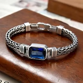 Серебряный винтажный браслет, ювелирные изделия 18/20/22 см, тканая цепочка, синий кристалл, драгоценный камень для мужчин и женщин, пара, вечерние, модный подарок 18cm серебряный