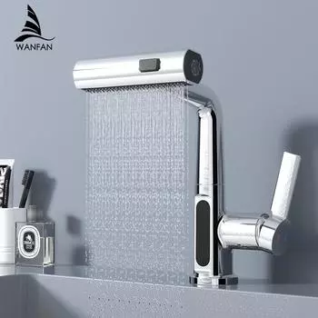 Серебряный водопад выдвижной кран для раковины подъемный вниз струйный распылитель горячая холодная вода смеситель для раковины кран для ванной комнаты G9/16 белый