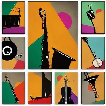 Середина века красочный джазовый музыкальный плакат инструментальный исполнитель трубач саксофон холст картина настенное искусство для гостиной домашний декор 21cm30cm NoFrame