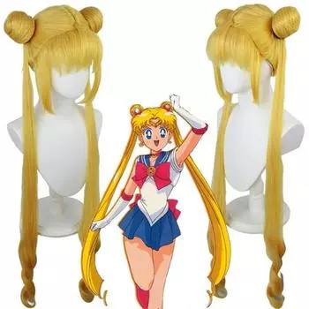 Serena Tsukino Usagi Cosplay Wig Annie 130cm Blond Silver Double Long Ponytails Heat Resistant Synthetic Hair Wigs + Wig Cap One Size