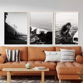 Серфинг черно-белый принт прибрежная фотография темная волна плакат океан настенная живопись холст картина девушка с доской для серфинга изображение декор 21x30cm No Framed