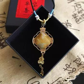 Series Song Dynasty Brocade Pendant Non-Heritage Song Dynasty Brocade Silk Necklace Small Jewelry Easiest for Match Niche Style Fancy Accessories Yellow flower window