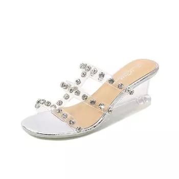Серия 1098, летняя женская обувь на танкетке, 6 см, простые шлепанцы с пряжкой со стразами, прозрачная обувь LFD 34 серебряный