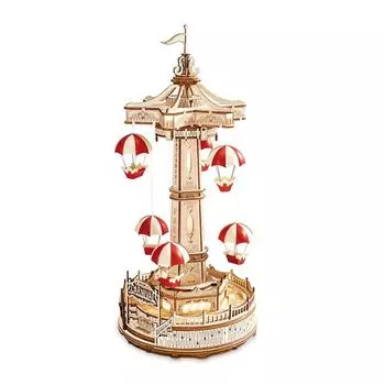 Серия 3D деревянных головоломок «Парк развлечений» (Парашютная вышка) Миниатюрный вращающийся аттракцион «Зонт» с подсветкой и инструкцией на японском языке