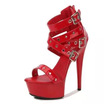Серия 8661, каблук 15 см, платформа 4,5 см, 8 моделей, римские сандалии с заклепками, быстрая продажа, высокие каблуки 15 см, LFD 34 красный