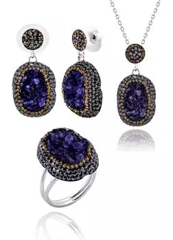 Серия акации, овальный натуральный камень, фиолетовый аметист, женский тройной набор из натурального камня, регулируемый размер