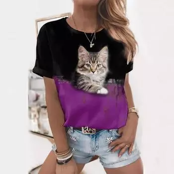 Серия Animal Cat с 3D-принтом, летний круглый вырез, 3 свободных повседневных топа с коротким рукавом, мужские футболки S