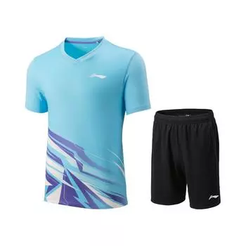 Серия бадминтона Li Ning, цветной блок, V-образный вырез, удобная дышащая универсальная футболка с коротким рукавом, шорты со средней посадкой, повседневный спортивный комплект AATV013-5 M