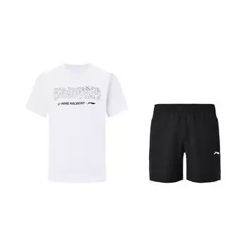 Серия бадминтона Li Ning Свободный крой Буквенный принт Быстросохнущая Охлаждающая Футболка с коротким рукавом Универсальные Грязеотталкивающие Шорты Повседневный Спортивный костюм AHSUB37-2+AKSU789-3 M
